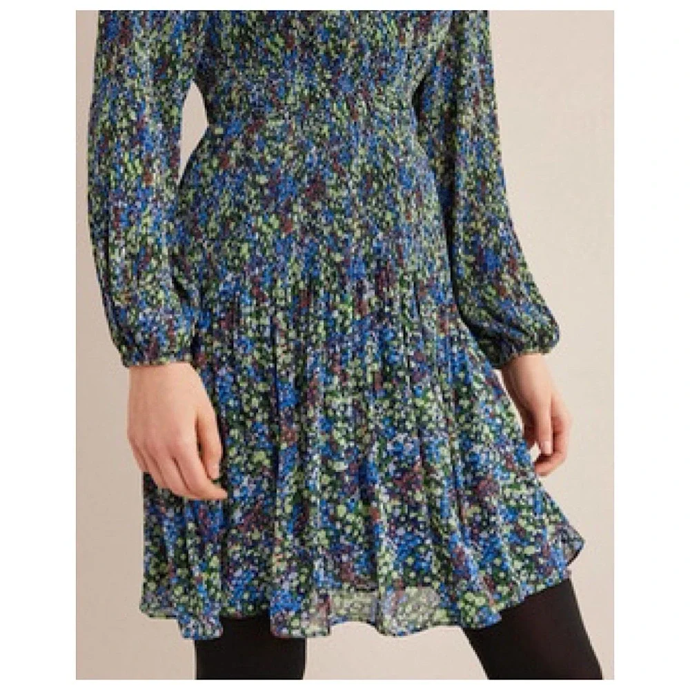 Boden Plisse Mini Dress Sz US 6L‎ XS Blue Floral V Neck Long Sleeve Dress